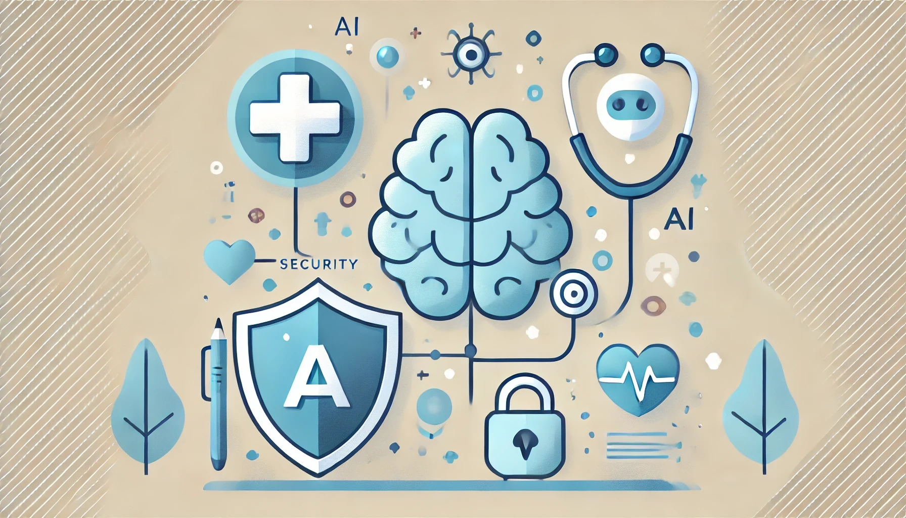 医療とAIのシンボルが含まれる、AIセキュリティをテーマとしたシンプルな横長のイラスト。シールドが含まれ、AIと医療分野での保護を象徴。