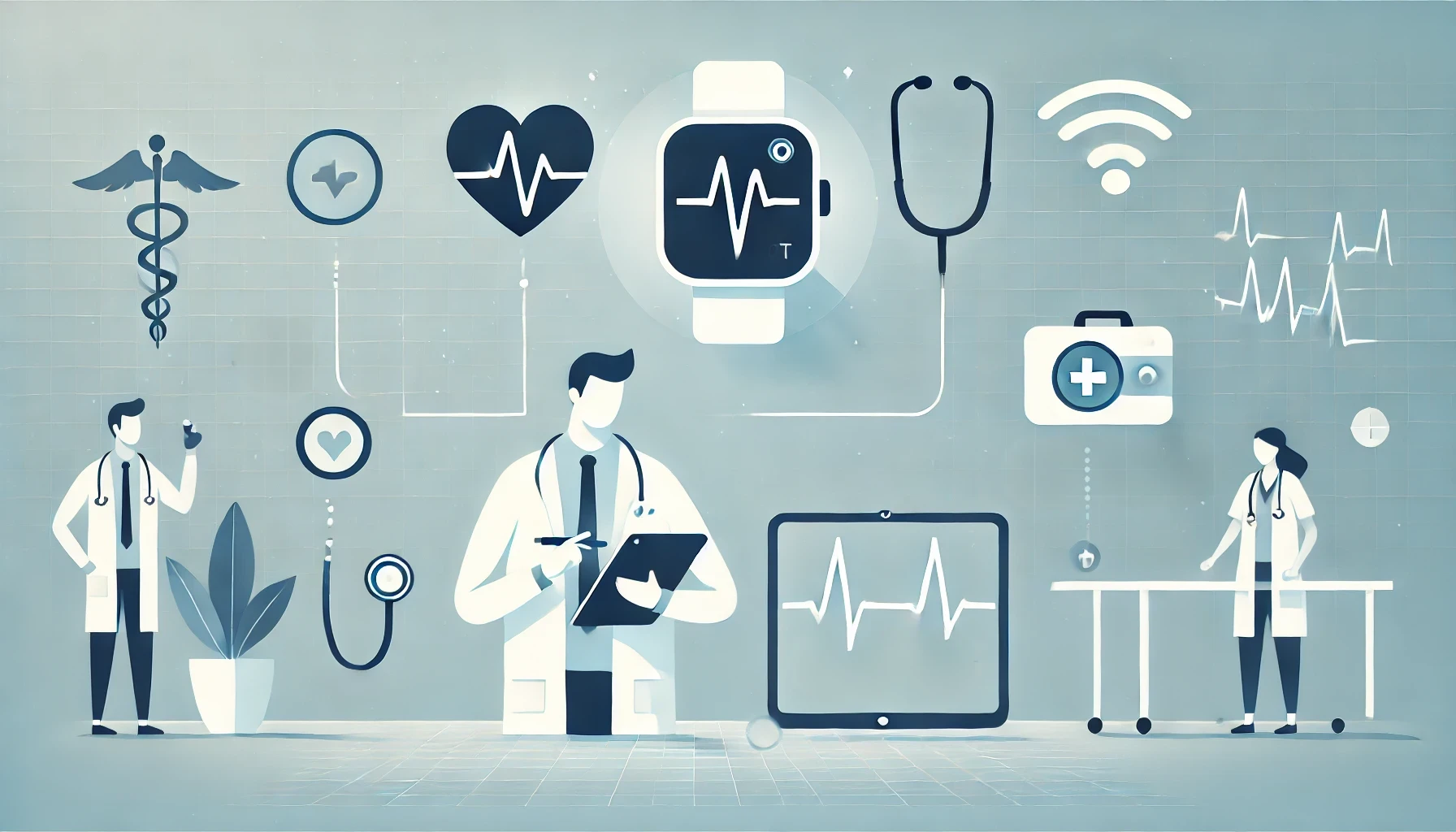 医療IoTを象徴するスマートウォッチ、心拍モニター、タブレットを持つ医師、無線信号アイコンが描かれたシンプルでモダンなイラスト