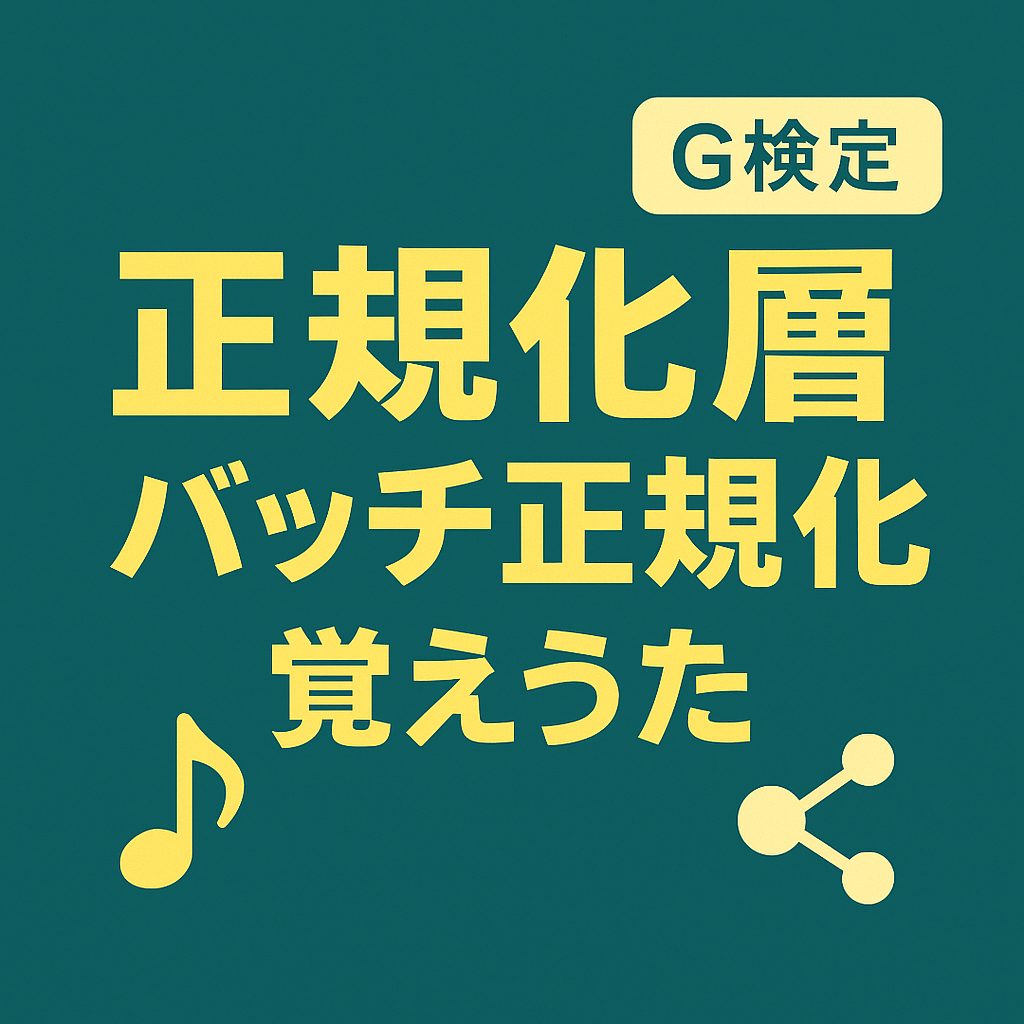 G検定対策の教育ソング用アイキャッチ。濃いティール背景に黄色の大きな文字で「正規化層」「バッチ正規化」「覚えうた」を配置し、学習用であることを示すシンプルな図形を添えたデザイン。
