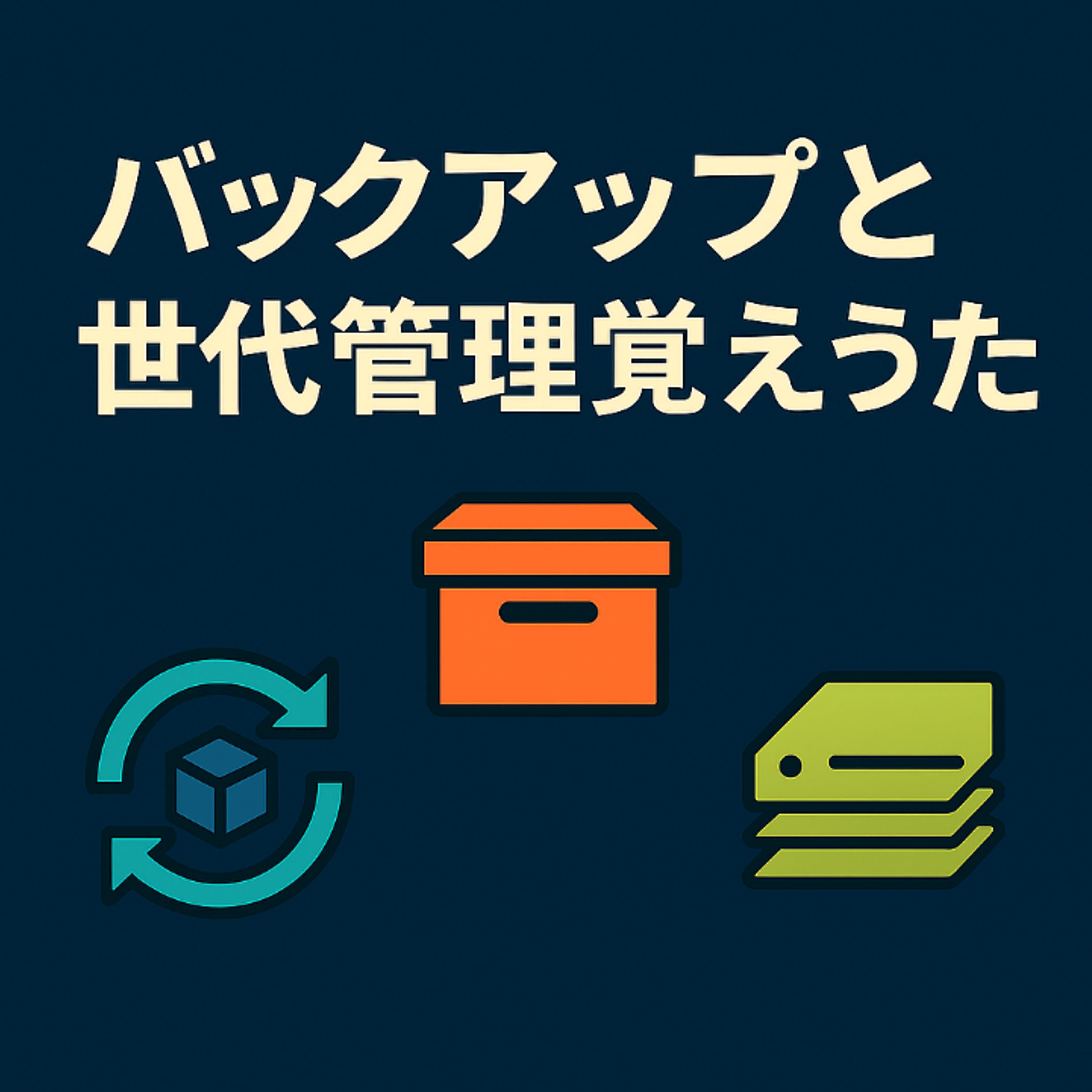 バックアップと世代管理覚えうたのアイキャッチ。濃紺の背景にタイトル、下段にバックアップ（循環矢印と立方体）、アーカイブ（フタ付き箱）、世代管理（積層シート）を示す三つのシンプルなアイコン。