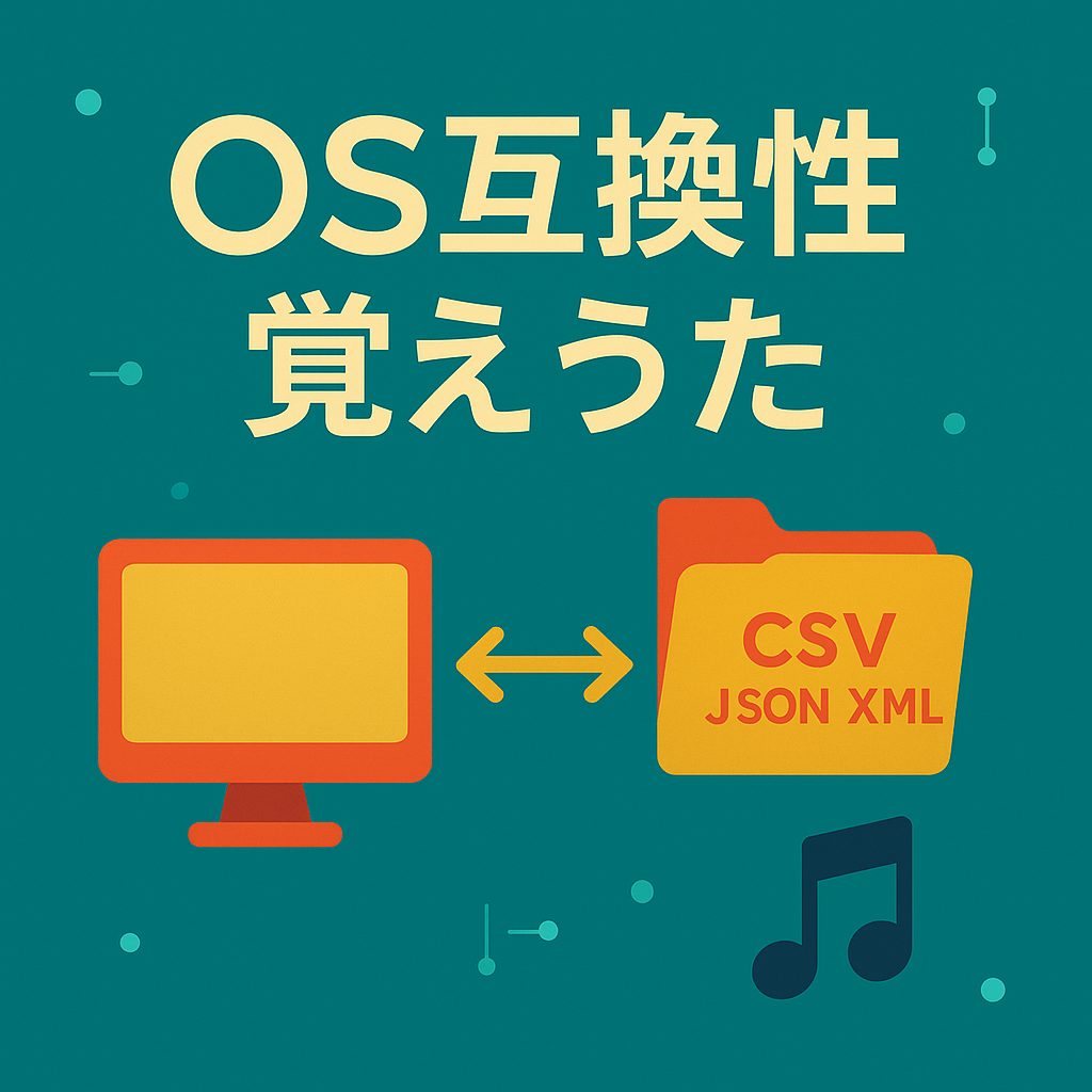 OS間でのデータ交換を表すPCとフォルダ（CSV | JSON | XML）を双方向矢印で結んだイラスト。タイトル「OS互換性覚えうた」。