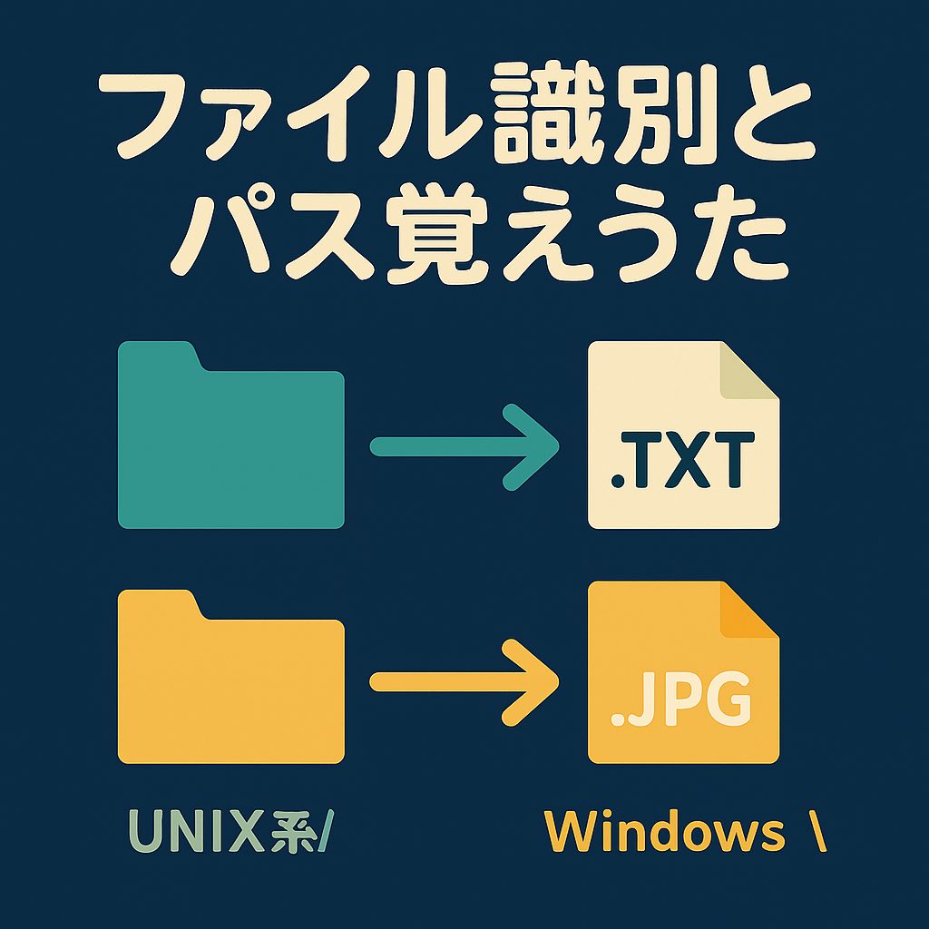 ファイル識別とパス覚えうたのアイキャッチ。濃紺の背景にタイトル。下段は左がUNIX系、右がWindows。各フォルダからドキュメントへ矢印でパスの方向を示し、UNIX系はスラッシュ、Windowsはバックスラッシュの違いを強調。