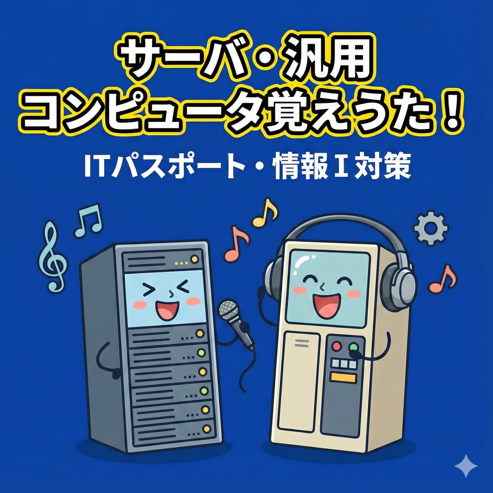 マイクを持って歌うサーバとヘッドフォンをして歌う汎用コンピュータのイラスト。「サーバ・汎用コンピュータ覚えうた！ITパスポート・情報Ⅰ対策」というタイトルが記載されている。