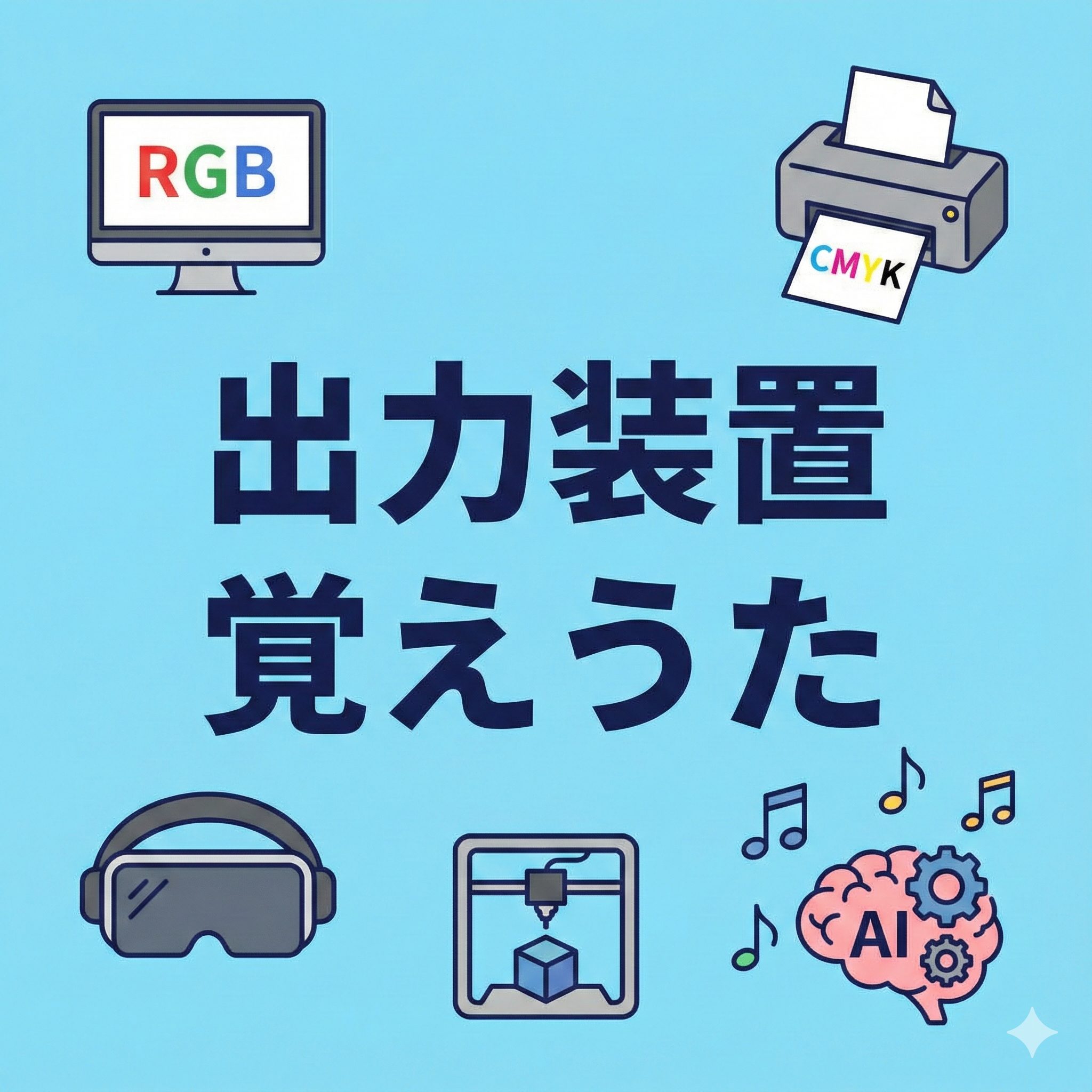 水色の背景に「出力装置覚えうた」のタイトル文字。RGBディスプレイ、CMYKプリンタ、VRヘッドセット、3Dプリンタ、AIと音楽を示す脳と音符のイラスト。