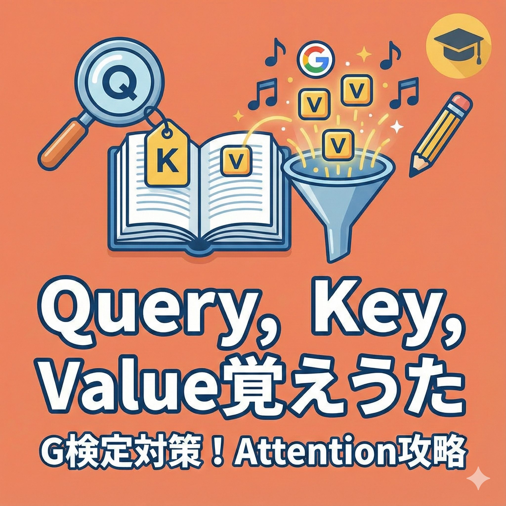 G検定対策ブログ記事のアイキャッチ画像。オレンジ色の背景に、虫眼鏡（Query）、辞書（Key）、抽出されるデータ（Value）のイラストと音符が描かれている。中央には「Query, Key, Value覚えうた」、下部には「G検定対策！Attention攻略」のタイトル文字。