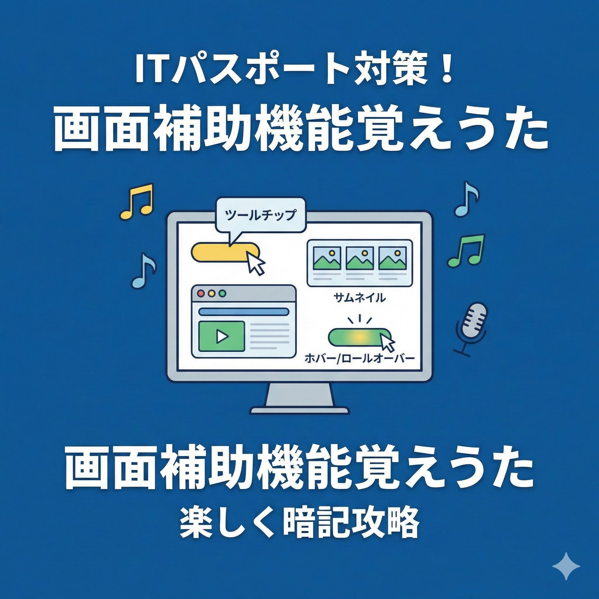 Tパスポート試験対策ブログ記事「画面補助機能覚えうた」のアイキャッチ画像。パソコン画面のイラストで、マウス操作によるツールチップの表示、画像のサムネイル一覧、ボタンのホバー・ロールオーバー効果が視覚的に説明されている。音符とマイクのイラストが添えられ、歌で楽しく暗記することを表現している。背景は青色。