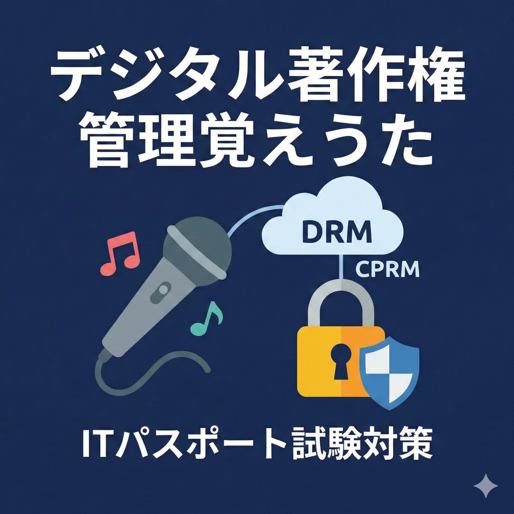濃紺の背景に「デジタル著作権管理覚えうた」「ITパスポート試験対策」の白文字と、マイク、音符、クラウド（DRM/CPRMと記載）、南京錠、盾のイラストが描かれたアイキャッチ画像。