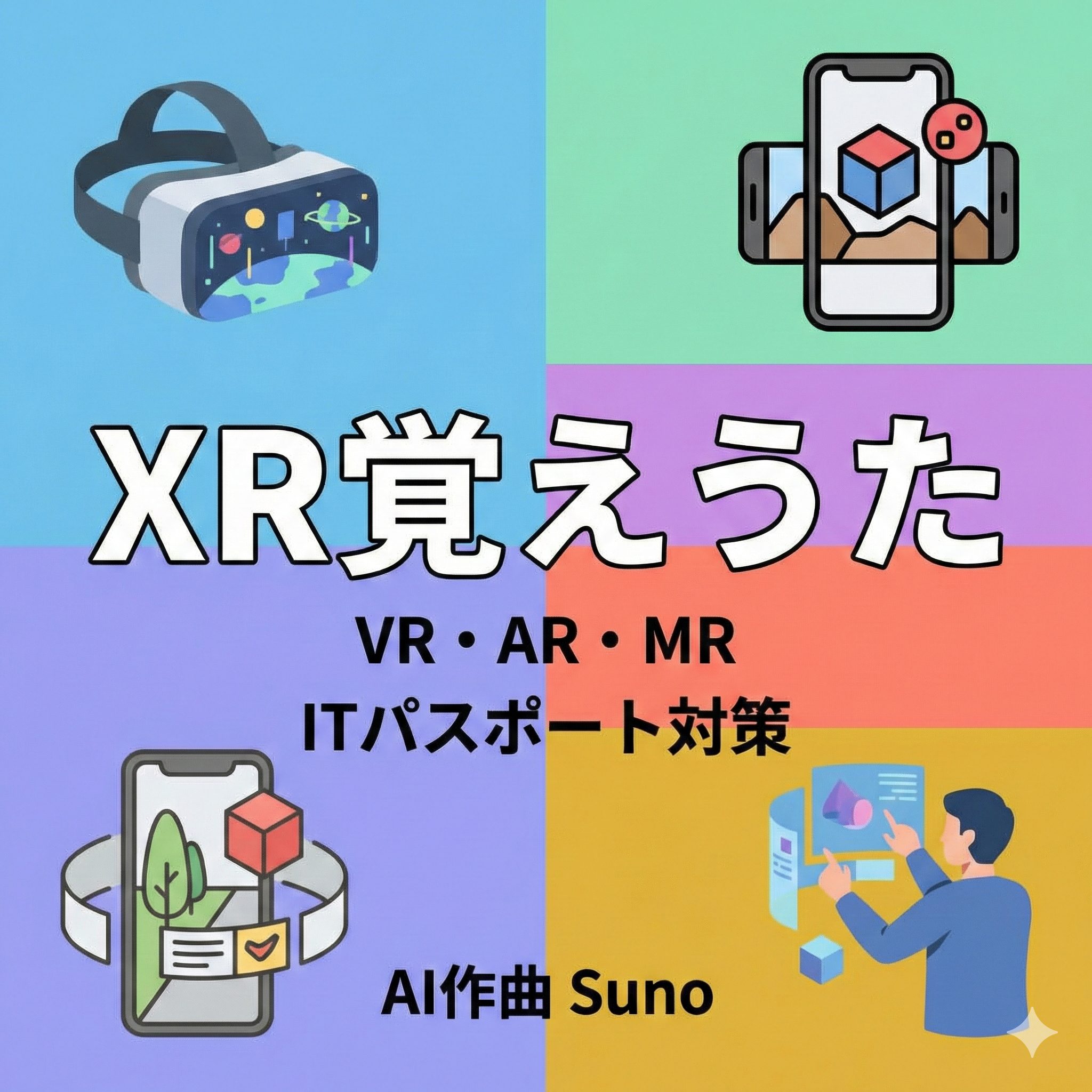 ITパスポート試験対策ブログ記事「XR(VR、AR、MR)覚えうた」のアイキャッチ画像。VRゴーグル、ARスマホ、MR操作のイラストと「XR覚えうた」のタイトル文字