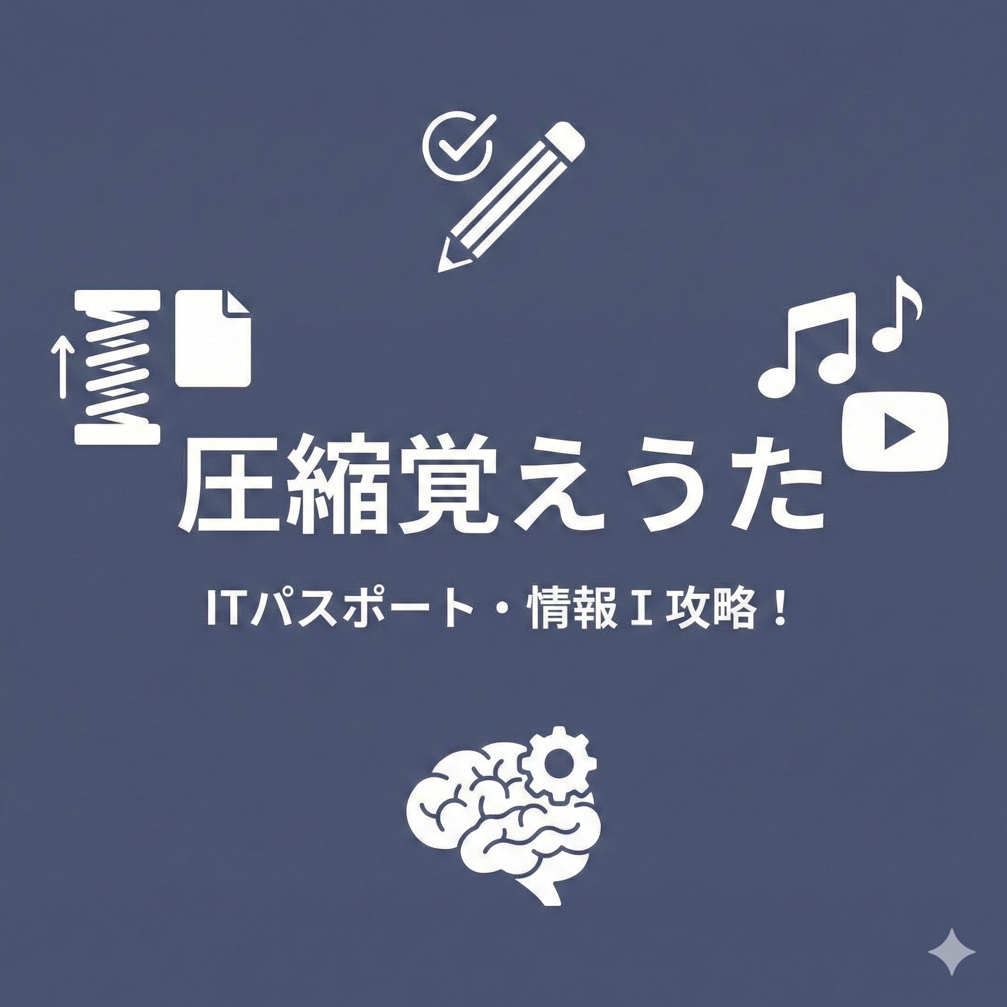 ITパスポート・情報Ⅰ対策ブログ記事「圧縮覚えうた」のアイキャッチ画像。濃い青背景の中央に白文字でタイトルが書かれ、周囲に圧縮、学習、音楽、思考を示す白いアイコンが配置されている。