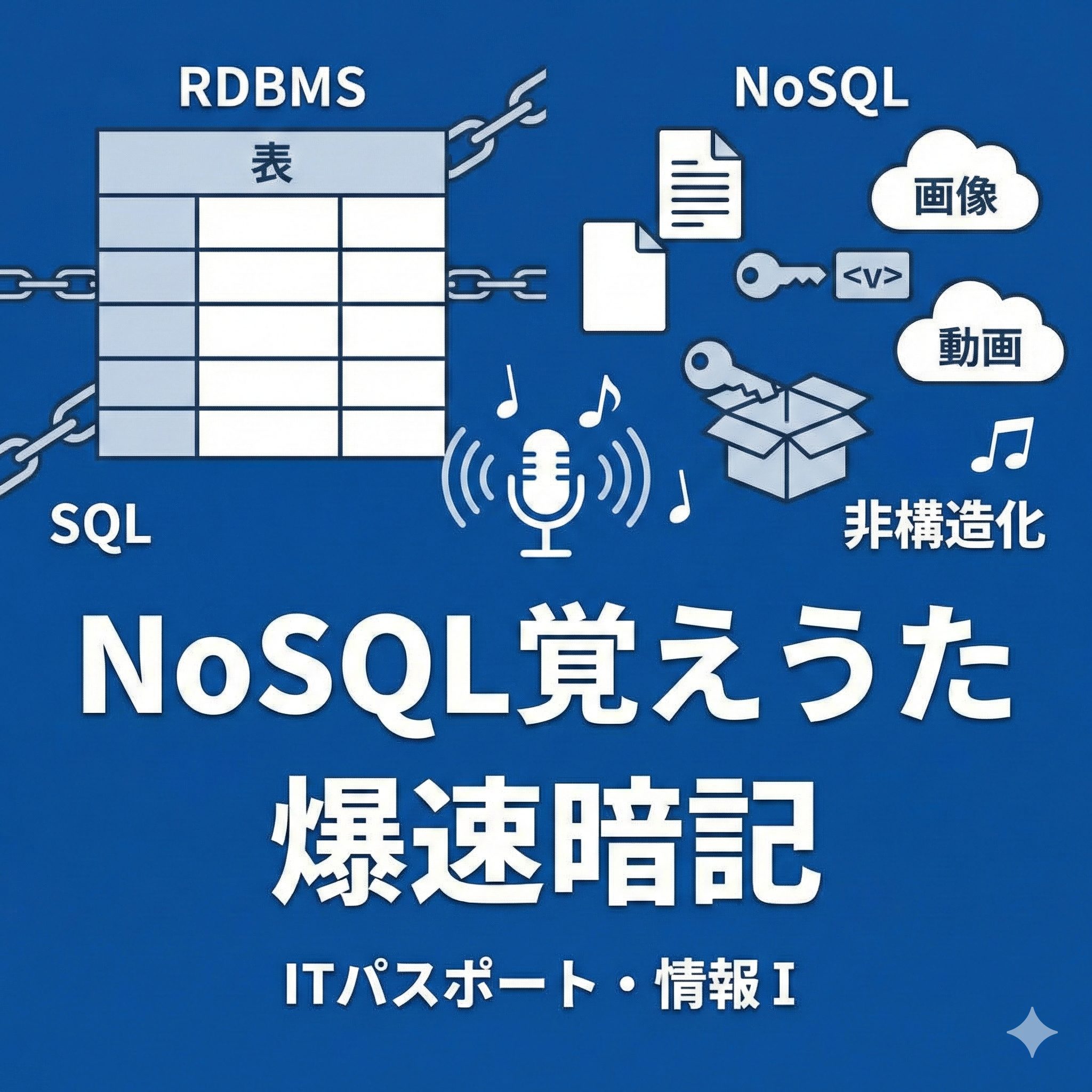 RDBMSの固定的な表構造（左）と、NoSQLの多様な非構造化データ（右）を対比させた青背景のイラスト。中央に「NoSQL覚えうた 爆速暗記」、下に「ITパスポート・情報Ⅰ」の文字。
