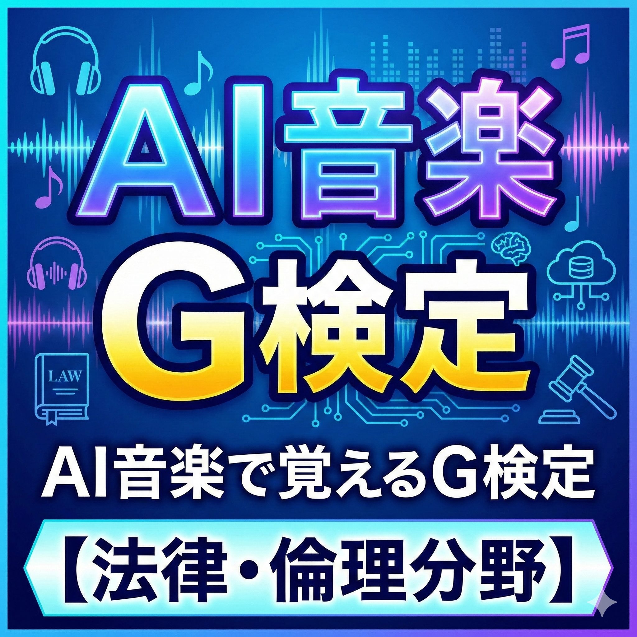 青色の背景色にAI音楽で覚えるG検定【法律・倫理分野】