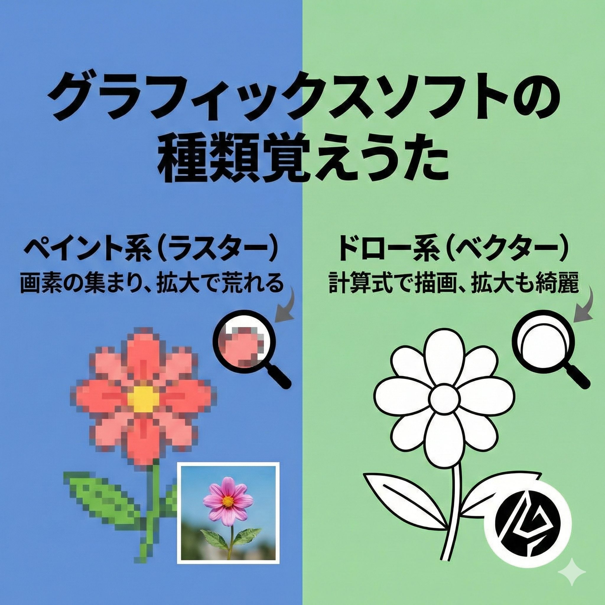 「グラフィックスソフトの種類覚えうた」と題された図解イラスト。左半分は青背景で「ペイント系（ラスター）画素の集まり、拡大で荒れる」と記され、ドット絵の花と、それを拡大してピクセルが見える虫眼鏡、写真の例がある。右半分は緑背景で「ドロー系（ベクター）計算式で描画、拡大も綺麗」と記され、滑らかな線画の花と、拡大しても滑らかな虫眼鏡、ロゴの例がある。両者の画質の違いを対比して示している。