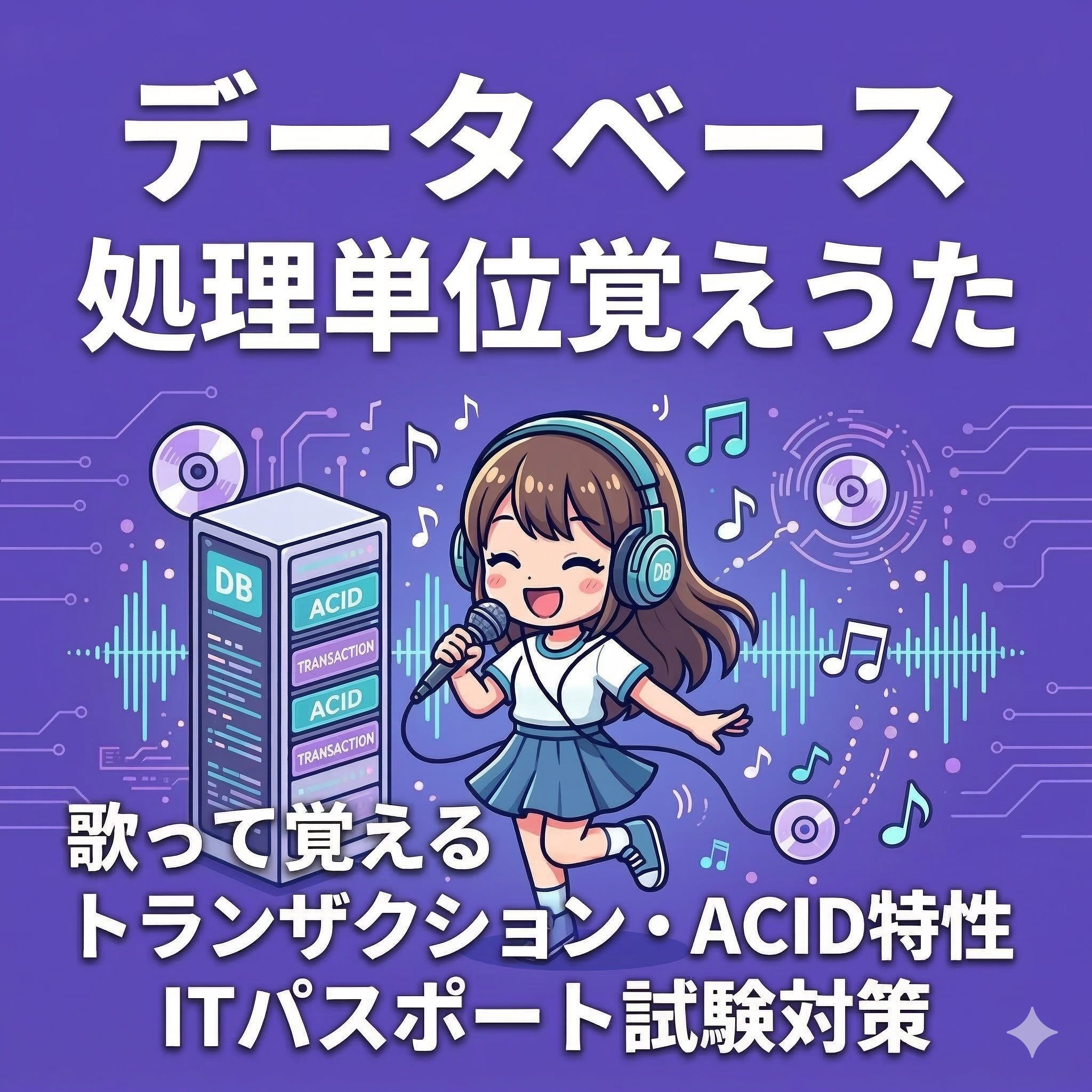 Tパスポート試験対策の『データベース処理単位覚えうた』をテーマにした、紫色の背景のイラスト。歌う女の子と、DB、ACID、TRANSACTIONと書かれたサーバーラック、音楽記号が描かれている。