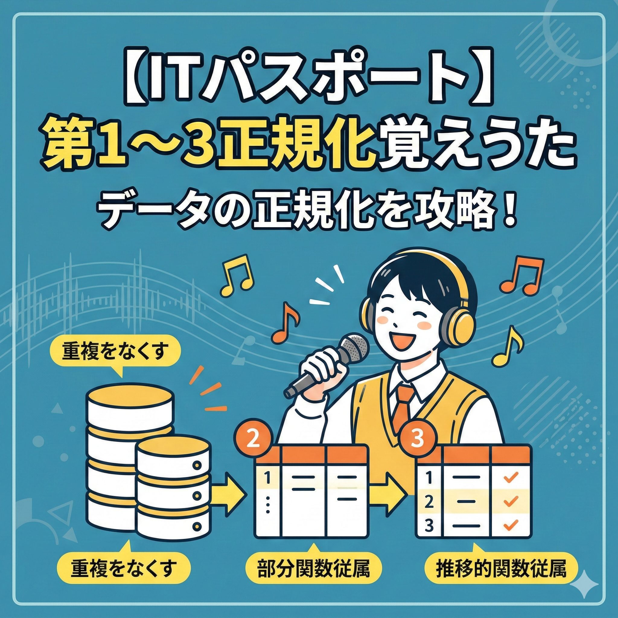 ITパスポート「データの正規化」覚え歌ブログのアイキャッチ画像。上部にタイトル、中央に歌う人、下にデータと第2（部分関数従属）、第3（推移的関数従属）正規化の図解。
