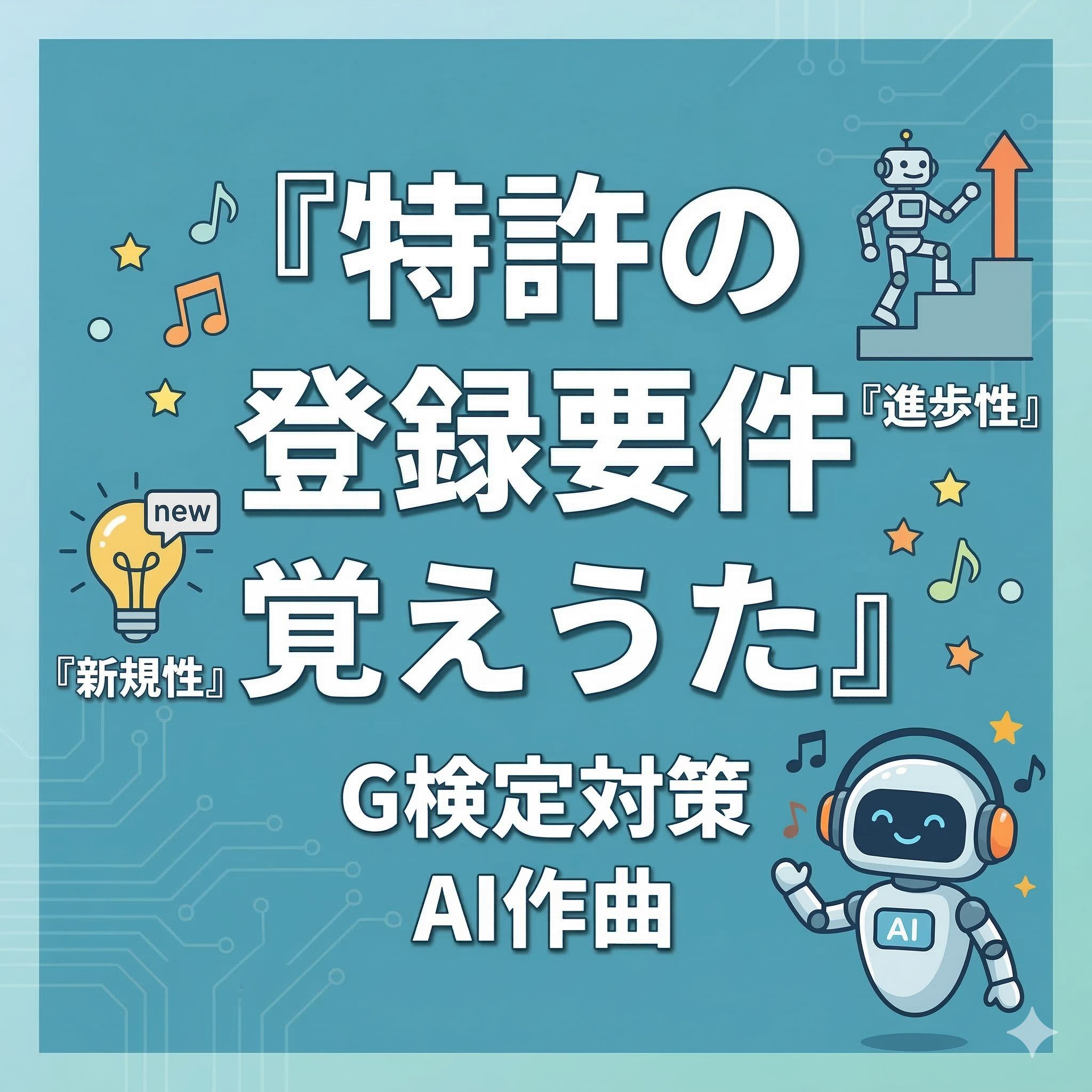 ブログ記事「【G検定対策】特許の登録要件覚えうた」のアイキャッチ画像。中央に太字で「特許の登録要件覚えうた」というタイトル。その下に「G検定対策」「AI作曲」と記載。左下に電球と「new」のアイコンで「新規性」の説明、右上にロボットが階段を上るアイコンで「進歩性」の説明。右下にヘッドフォンをつけたAIロボットのイラスト。背景は青緑色の回路パターン。