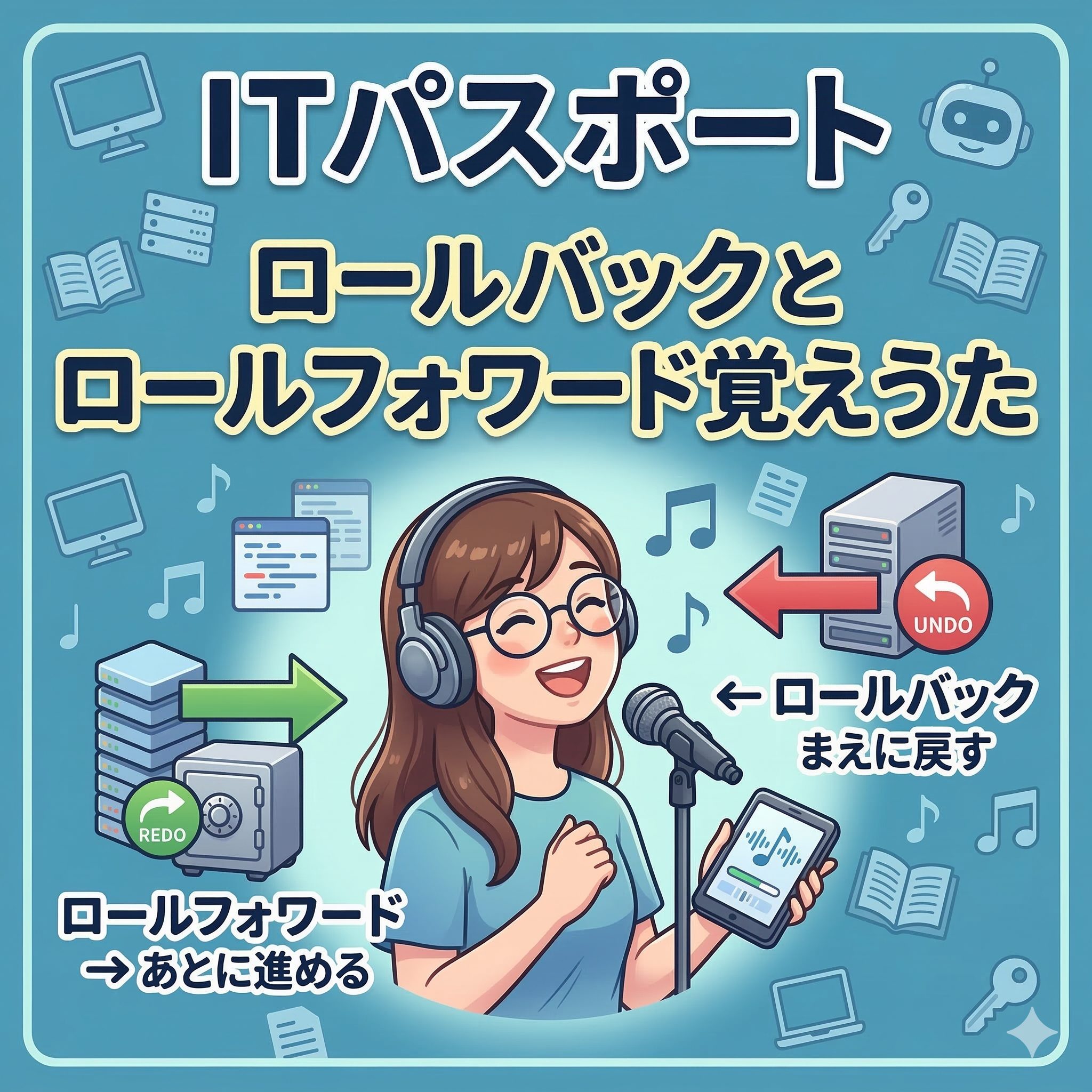 ITパスポート試験対策「ロールバックとロールフォワード覚えうた」のアイキャッチ画像。笑顔で歌う女性を囲み、右側に「ロールバック まえに戻す (UNDO)」、左側に「ロールフォワード あとに進める (REDO)」の図解が正確に描かれています。