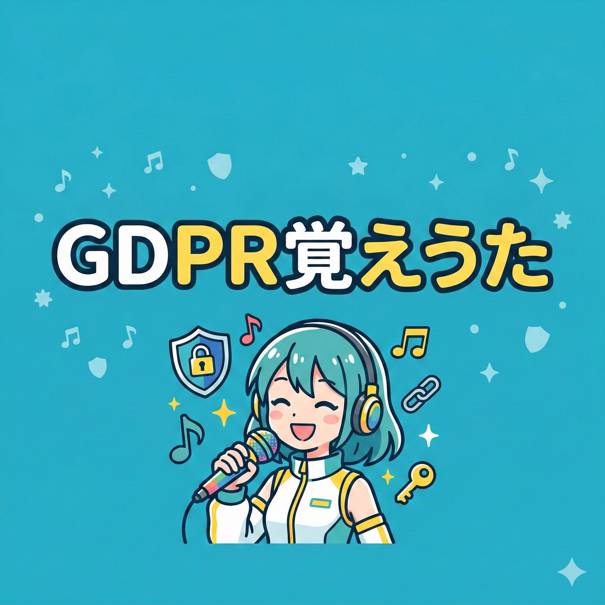 G検定対策の暗記ソング『GDPR覚えうた』を歌う女の子とデータ保護アイコンのイラスト