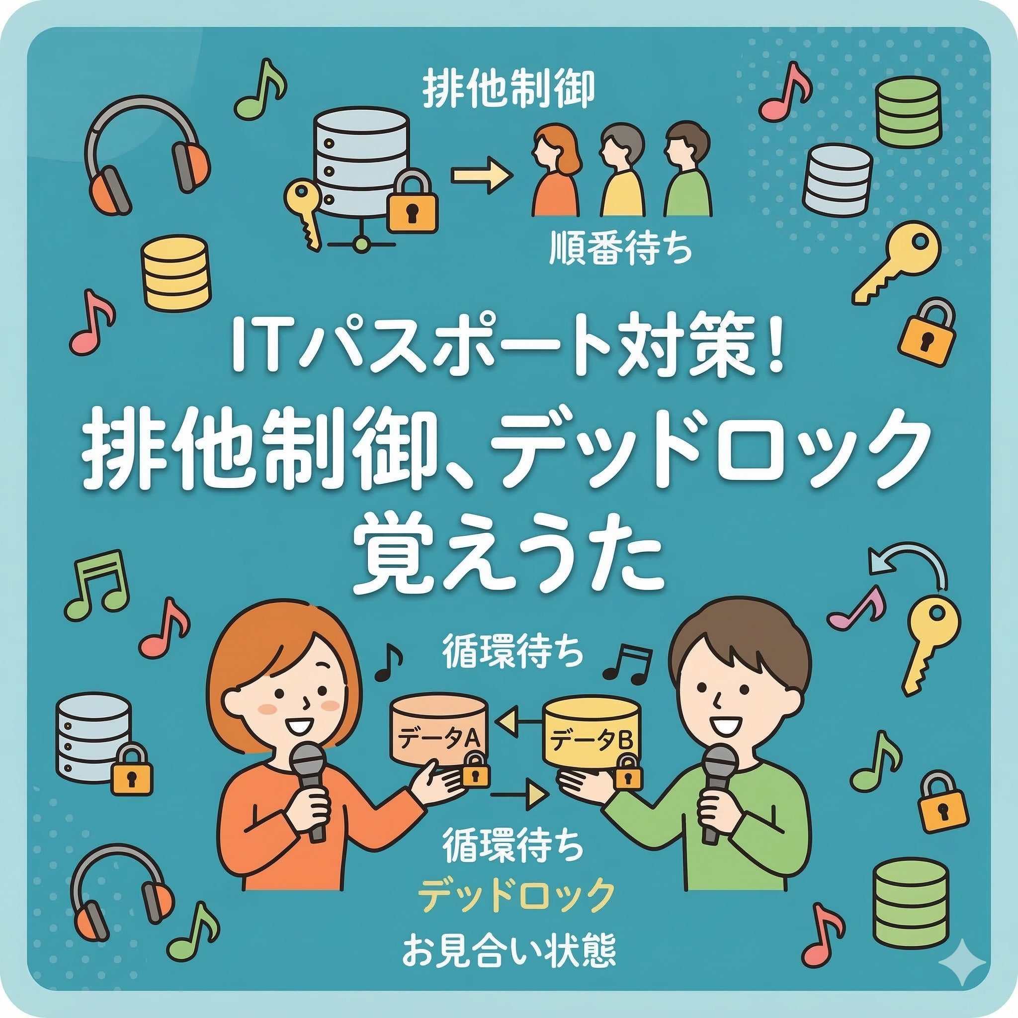 ITパスポート試験対策の排他制御とデッドロックを覚える歌のアイキャッチ画像。上段は『排他制御』がデータの整合性を保つための順番待ちであることを示し、下段は『デッドロック』が互いの資源を待ち合う『循環待ち』の状態であることを、初心者にも分かりやすいイラストで正確に表現している。全体に音符や学習アイコン、テキストが配置されている。