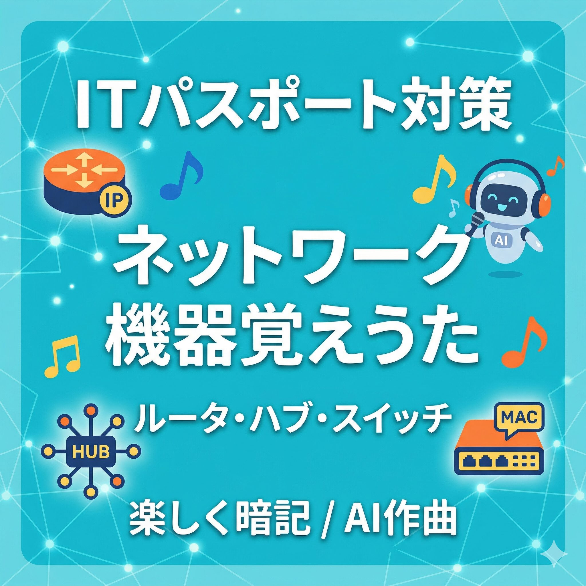 ITパスポート対策「ネットワーク機器覚えうた」のアイキャッチ画像。明るい水色の背景に、ルータ（IPラベル）、ハブ（HUBラベル）、スイッチ（MACラベル）のアイコンと、ヘッドフォンをしたAIロボット、音符が描かれている。下部に「ルータ・ハブ・スイッチ」「楽しく暗記 / AI作曲」の文字。