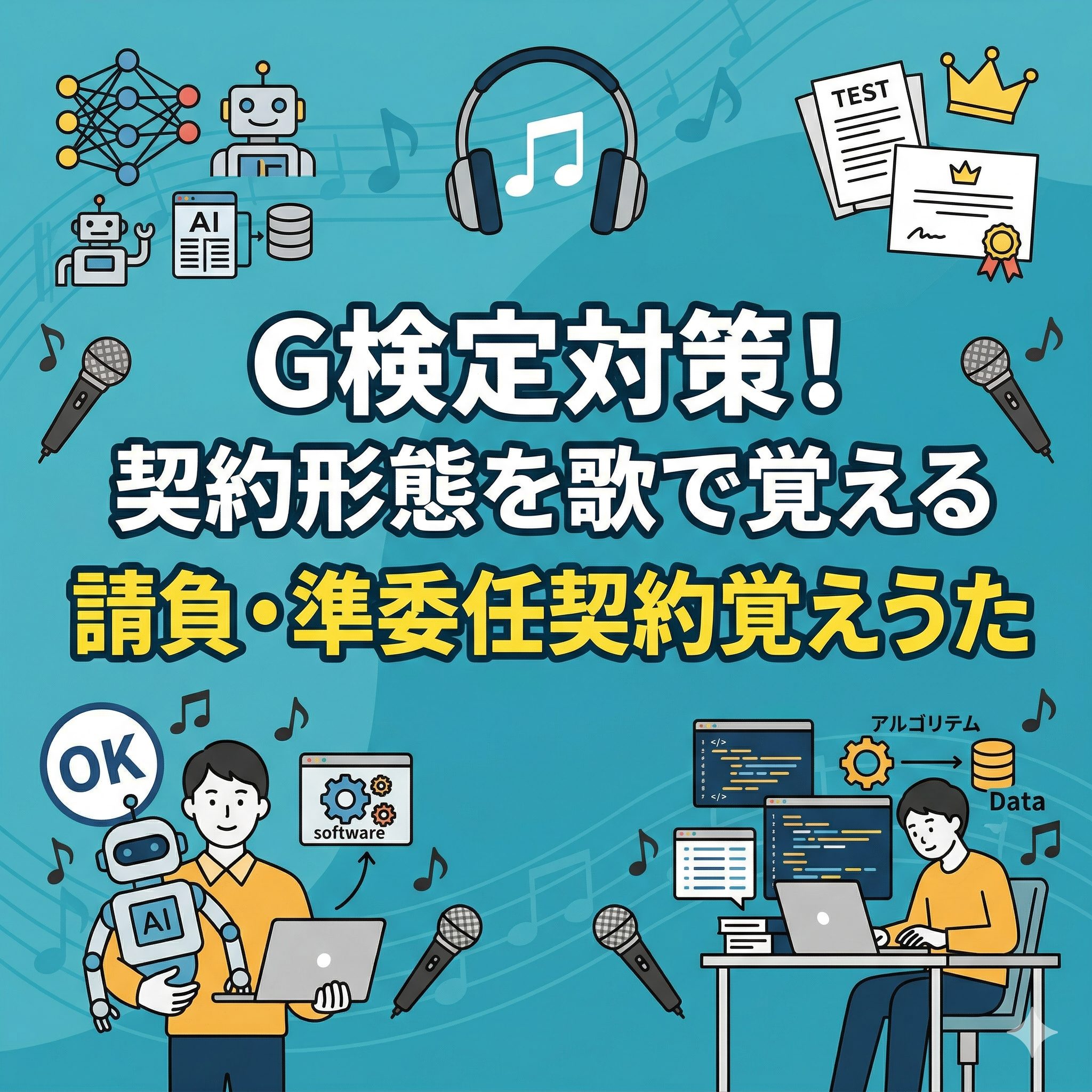 G検定対策として、請負契約と準委任契約の違いを歌で覚えるためのイラスト。左に完成を象徴する請負、右に作業を象徴する準委任のイラスト。中央に「G検定対策！契約形態を歌で覚える」と「請負・準委任契約覚えうた」の文字。