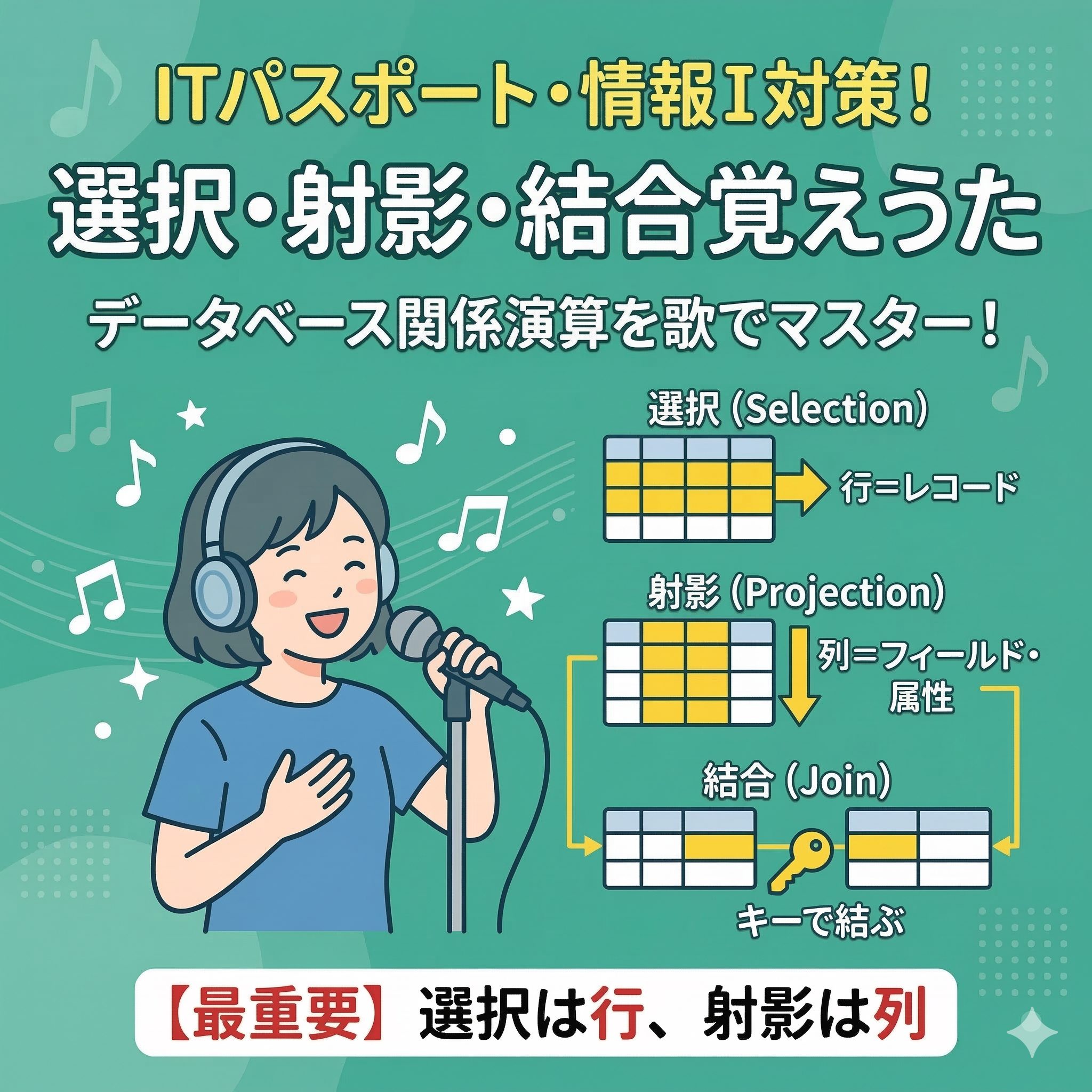 マイクを持って歌う女性のイラストと、データベースの関係演算（選択・射影・結合）を図解したITパスポート・情報Ⅰ対策用のアイキャッチ画像