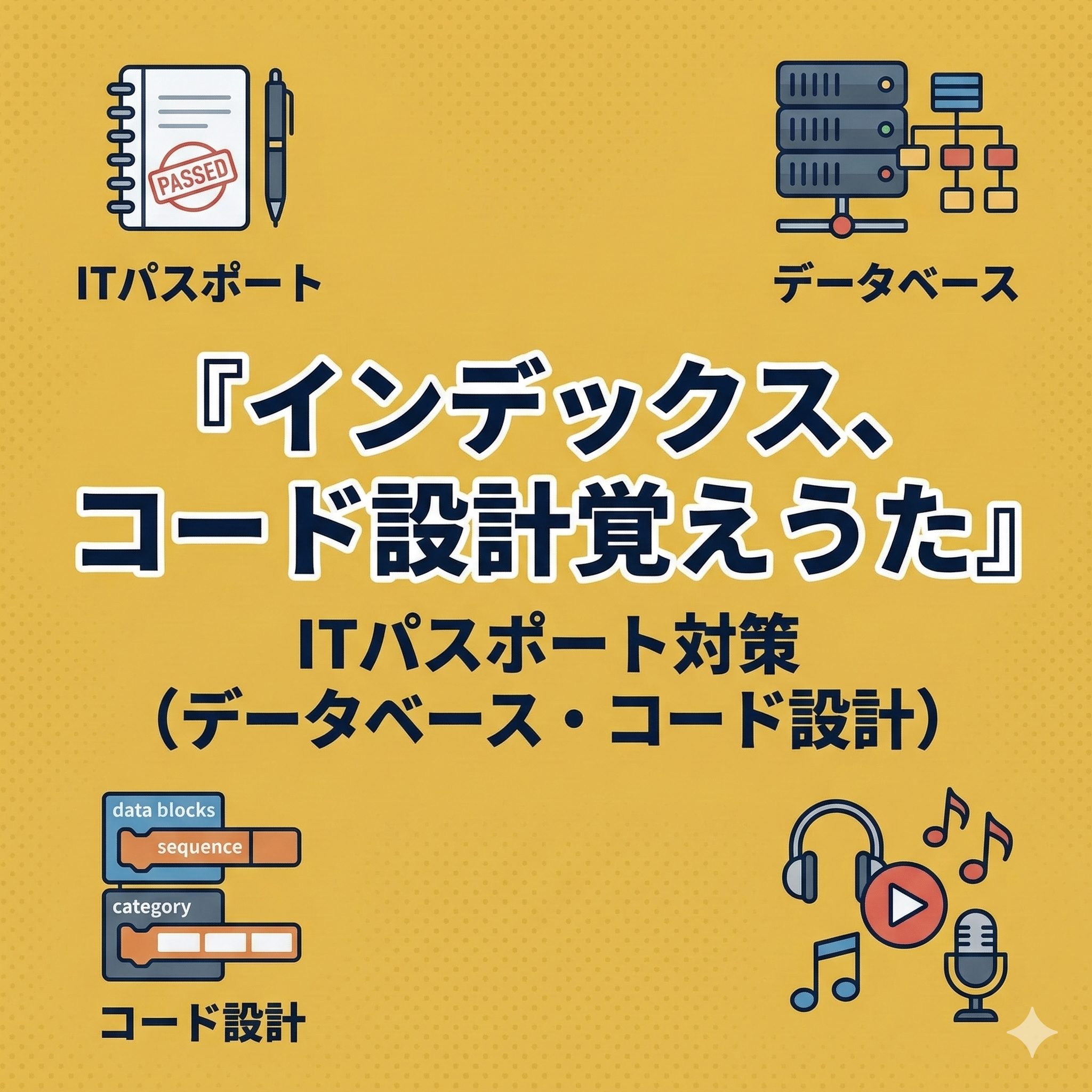 マスタードイエローの背景に、ITパスポート試験対策の「インデックス」と「コード設計」をリズムで覚えるオリジナルソングを告知するアイキャッチ画像。合格、データベース、コード設計、音楽のアイコンが配置されている。