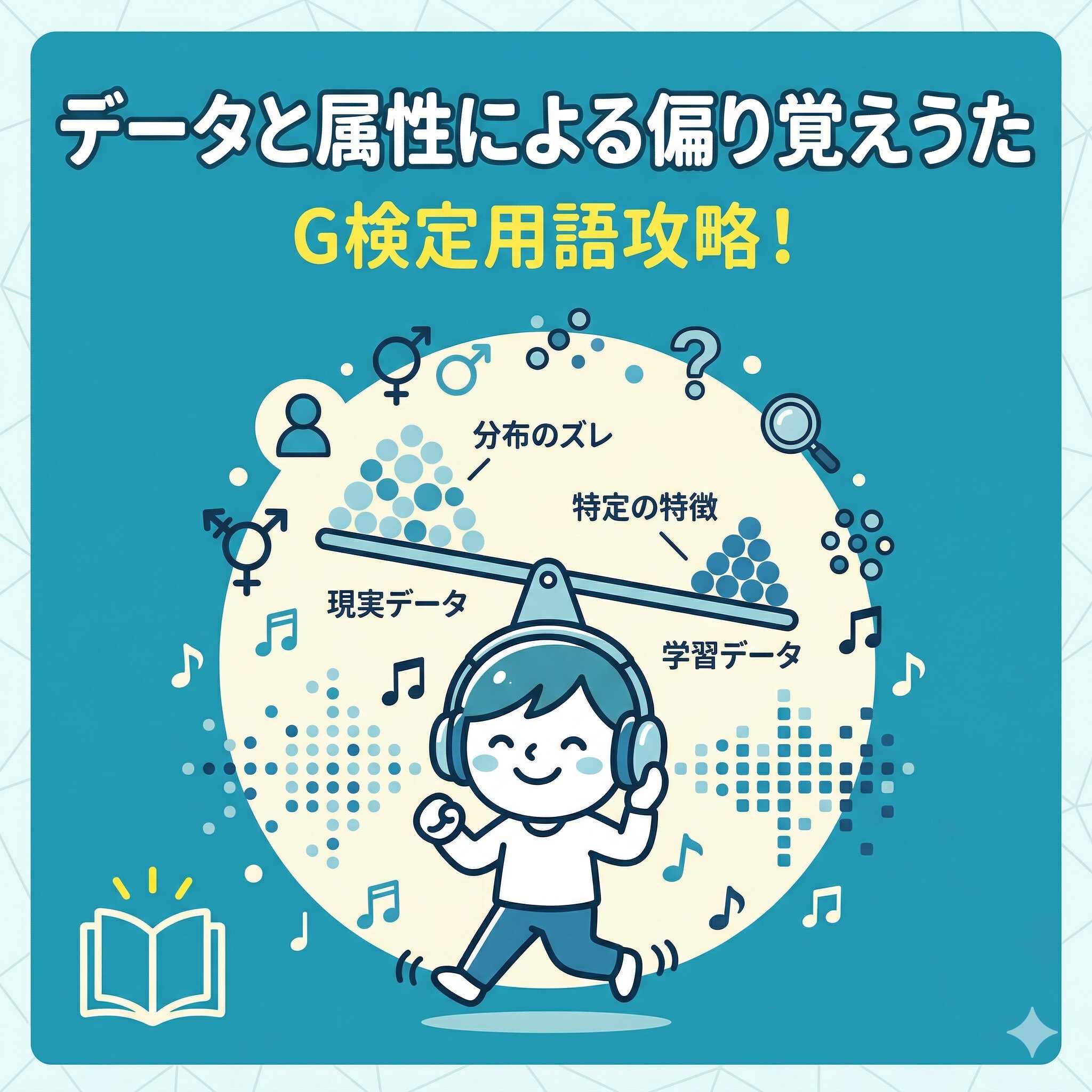 濃いティールブルーの背景に、白い日本語テキストとアニメキャラクター、データポイント、属性アイコンが描かれた、G検定の「データと属性による偏り」を学ぶための正方形のアイキャッチ画像。中央にヘッドフォンをした笑顔のキャラクターがリズムに乗っており、その周りに音楽ノートと属性アイコン（性別記号、人、虫眼鏡、クエスチョンマーク）が浮かんでいる。キャラクターの上には、傾いたバランススケールがあり、左側に「現実データ」というラベルの付いた大量のデータポイント、右側に「学習データ」というラベルの付いた少ないデータポイントが乗っている。スケールの上には「分布のズレ」「特定の特徴」というラベルもある。上部に「データと属性による偏り覚えうた」「G検定用語攻略！」のテキスト。左下に輝く本と電球のアイコン。